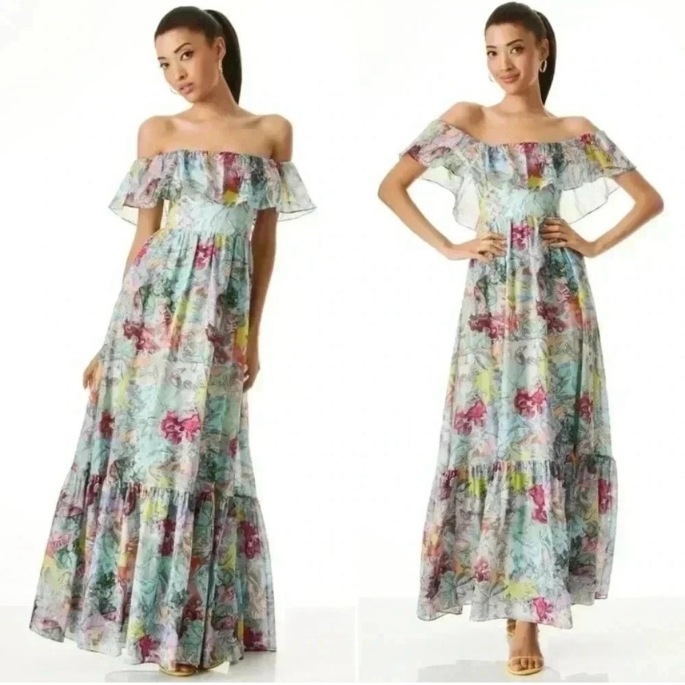 NWT Alice + Olivia Ruffled Off Shoulder Maxi Dress - Multi Print Boho Maxi Dress